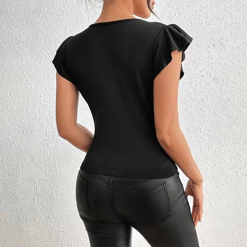 Women’s summer ruffle mesh panel top by Plush Fashion Hub, short sleeve slim fit casual tee blouse with ruffle details.