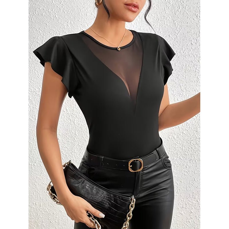 Women’s summer ruffle mesh panel top by Plush Fashion Hub, short sleeve, slim fit casual tee blouse with ruffle details.