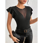 Women’s summer ruffle mesh panel top by Plush Fashion Hub, short sleeve, slim fit casual tee blouse with ruffle details.