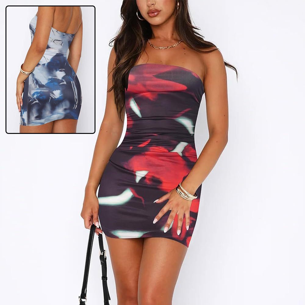 Women's casual tube top dress with printed pleats and a hip wrap design, perfect for summer, by Plush Fashion Hub.