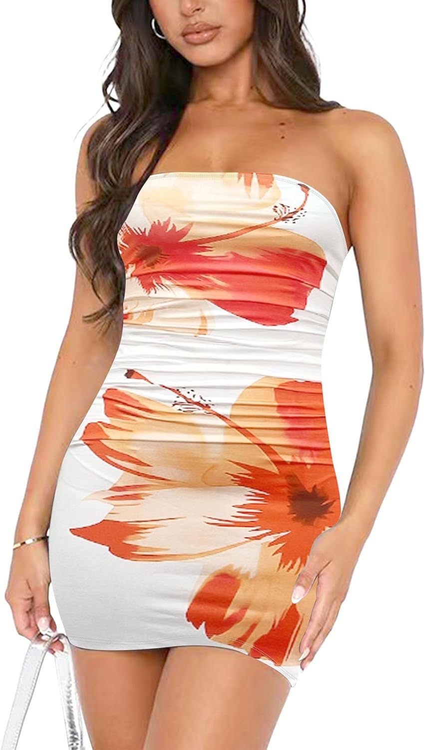 Women's printed pleated tube top dress with pullover style and hip wrap design, perfect for casual wear by Plush Fashion Hub.