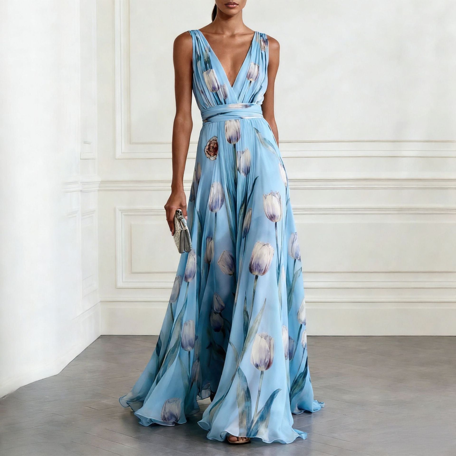 Women's tulip print sleeveless deep V-neck A-line maxi dress in seven colors by Plush Fashion Hub, shown hanging on a white background.