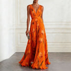Women’s tulip print sleeveless deep V-neck A-line maxi dress by Plush Fashion Hub in 7 colors, flowing fabric with a stylish silhouette.
