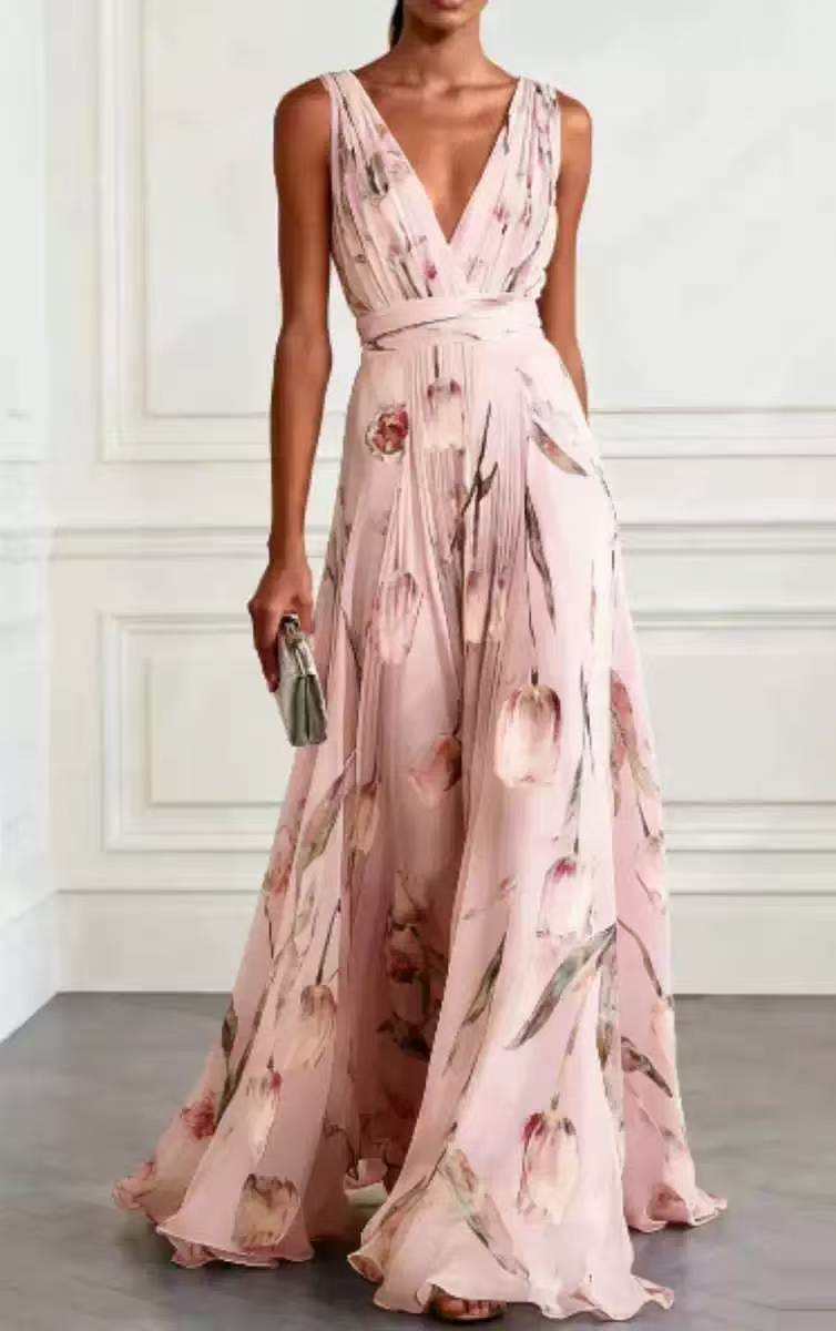 Women's sleeveless tulip print A-line maxi dress with deep V-neck in 7 colors, stylishly designed by Plush Fashion Hub.