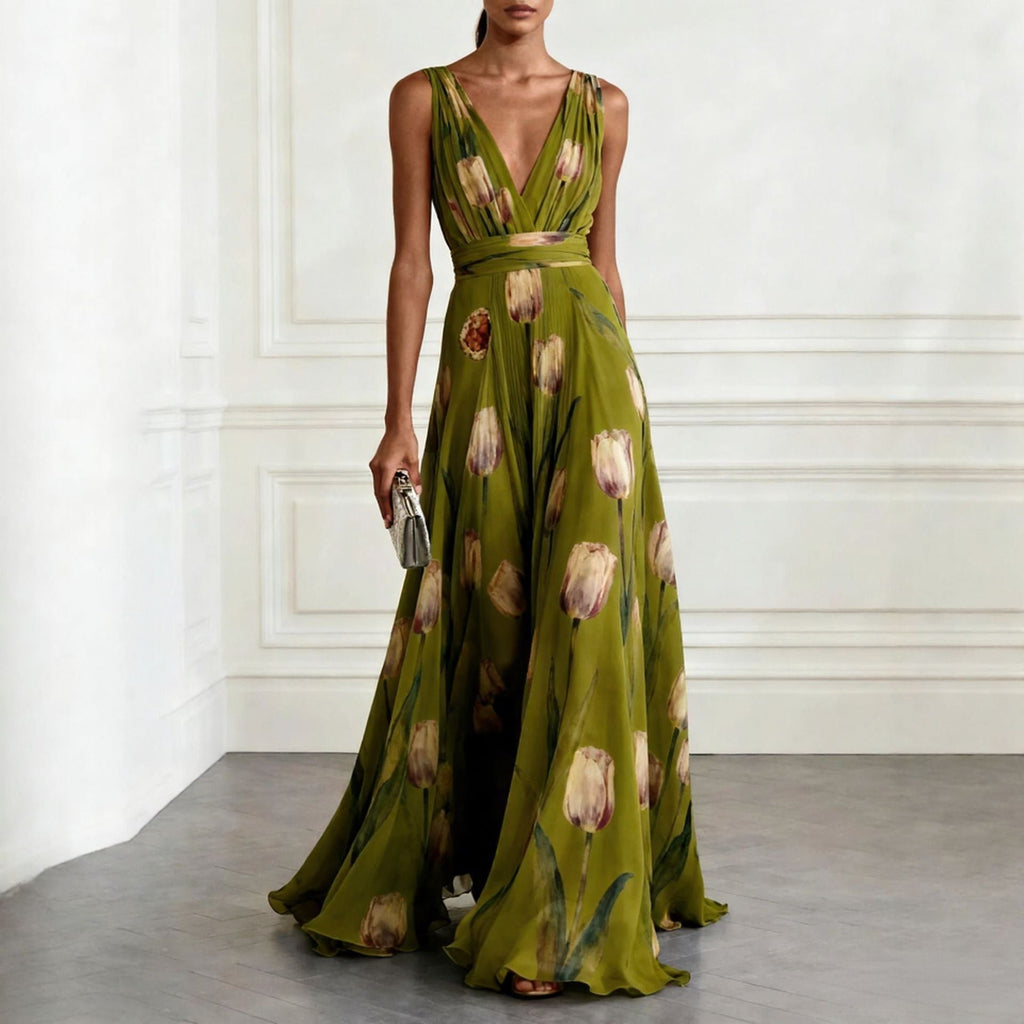 Women's tulip print sleeveless V-neck A-line maxi dress by Plush Fashion Hub in 7 colors, featuring a flowy, elegant design.