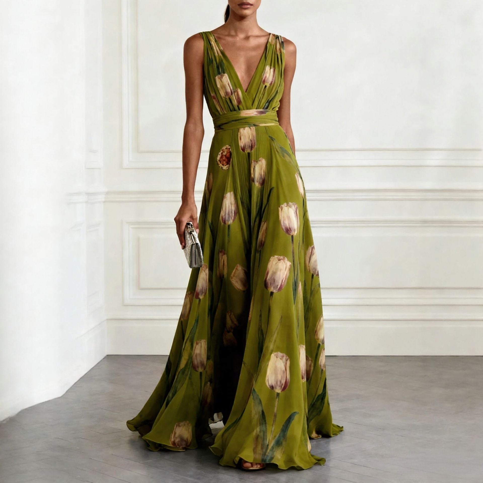 Women's tulip print sleeveless V-neck A-line maxi dress by Plush Fashion Hub in 7 colors, featuring a flowy, elegant design.