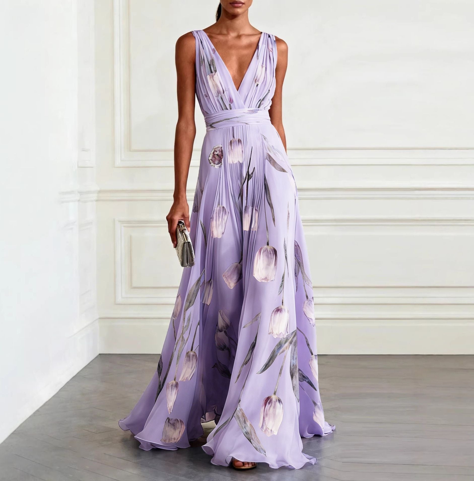 Women's tulip print sleeveless V-neck A-line maxi dress in 7 colors by Plush Fashion Hub, showcasing the flowing dress and vibrant pattern.
