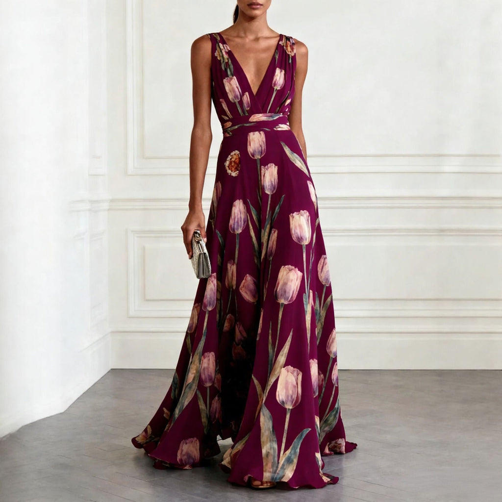 Women's tulip print sleeveless deep V-neck A-line maxi dress by Plush Fashion Hub available in 7 colors.