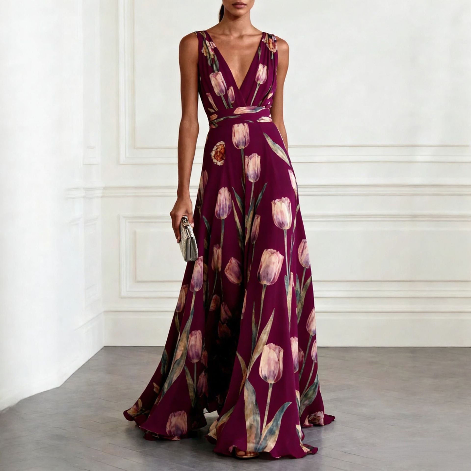 Women's tulip print sleeveless deep V-neck A-line maxi dress by Plush Fashion Hub available in 7 colors.