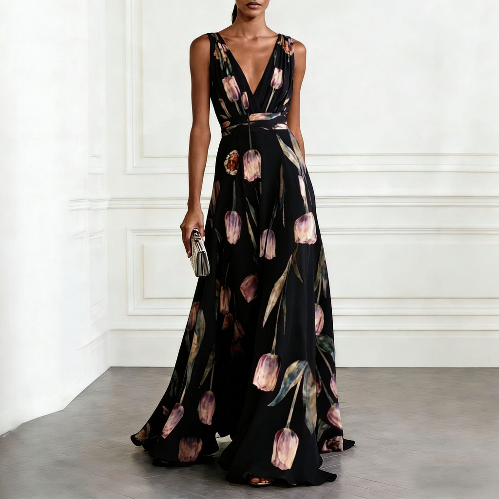Women's tulip print sleeveless V-neck A-line maxi dress by Plush Fashion Hub in 7 colors, featuring a flowy silhouette and vibrant pattern.