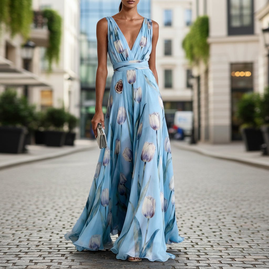 Women's tulip print sleeveless V-neck A-line maxi dress by Plush Fashion Hub available in 7 colors, shown in a stylish floral pattern.