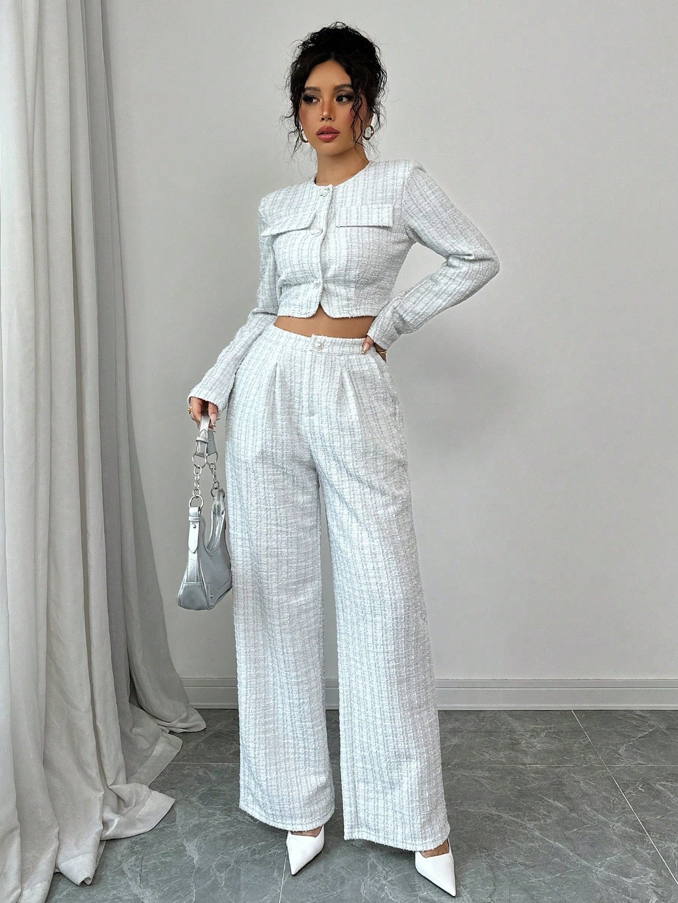 Women’s tweed pearl-button jacket and pants set, casualwear by Plush Fashion Hub, featuring a stylish tailored look and textured fabric.