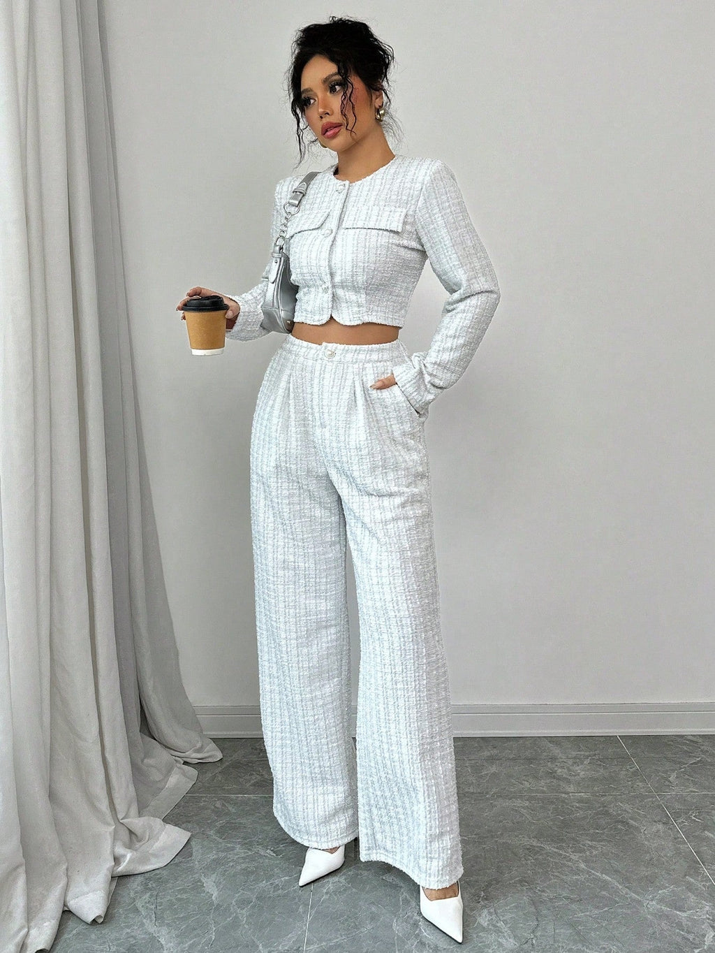 Women’s tweed pearl-button jacket and pants set by Plush Fashion Hub, casualwear with stylish tweed fabric and elegant pearl buttons.
