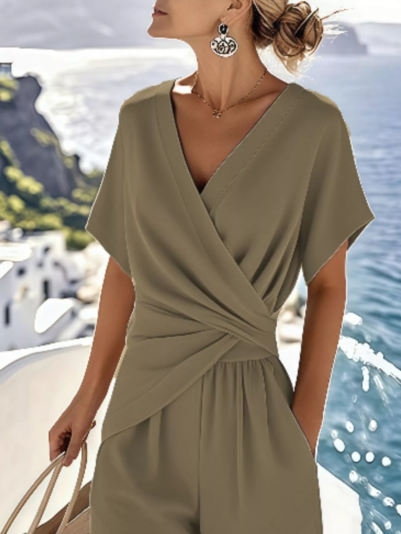 Plus size women's twist-front V-neck lounge set with pockets by Plush Fashion Hub, featuring a comfortable and stylish design.