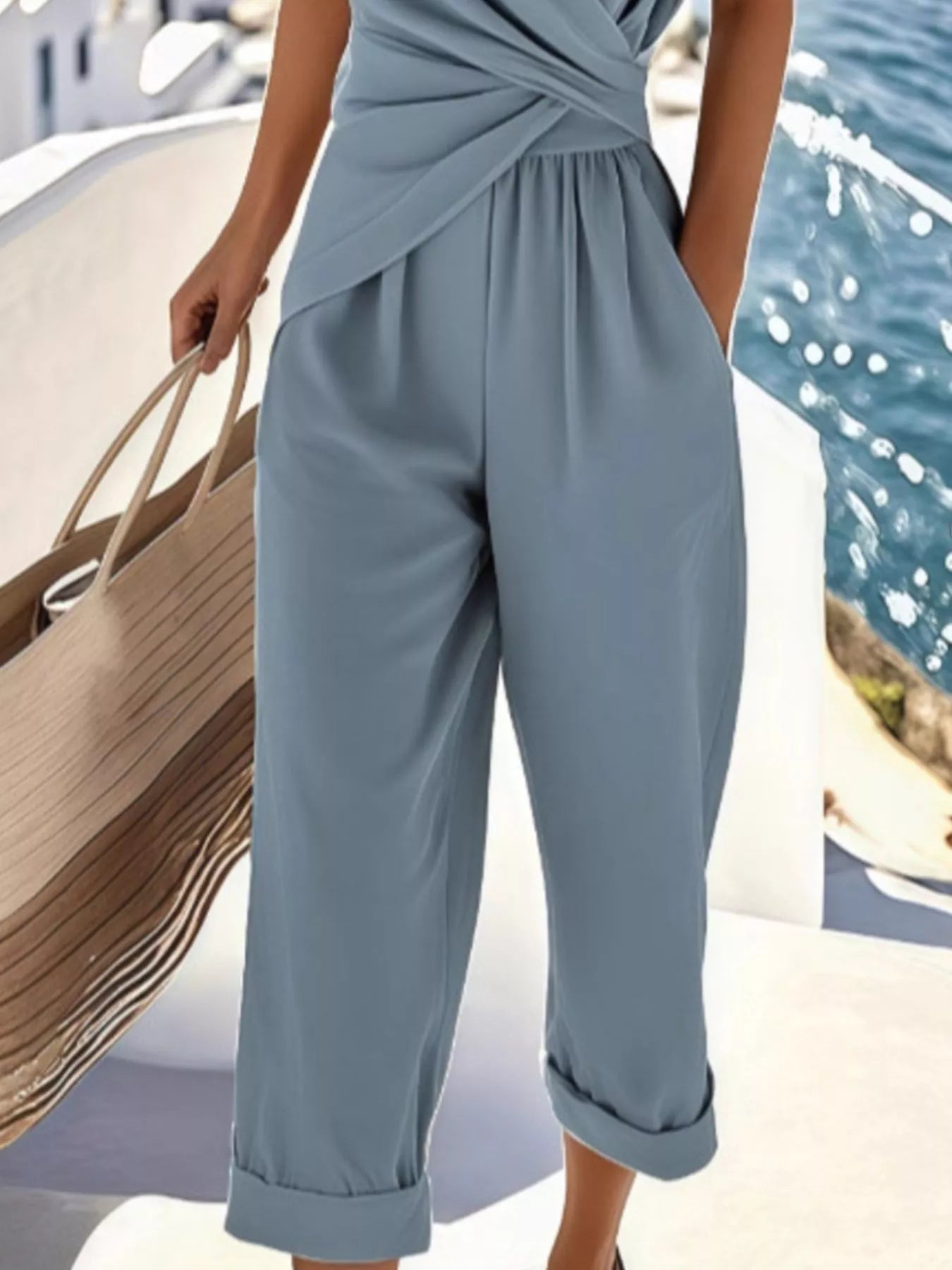 Plus size women's twist-front V-neck lounge set with pockets by Plush Fashion Hub, featuring comfortable fabric and stylish design.