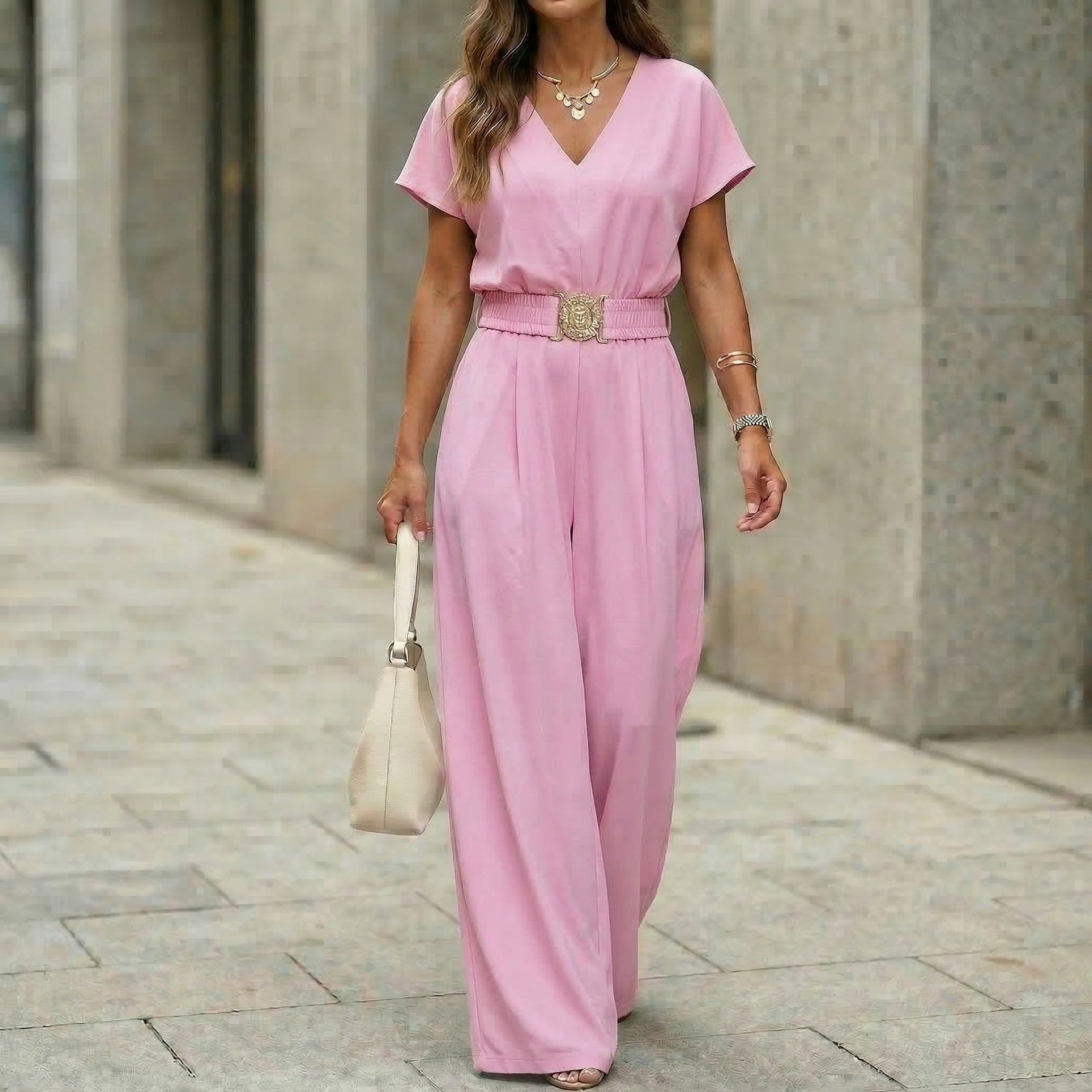 Women’s V-neck belted wide-leg jumpsuit in casualwear style by Plush Fashion Hub, shown in a relaxed fit with a belt at the waist.