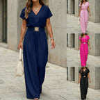 Women's V-neck belted wide-leg jumpsuit by Plush Fashion Hub, casualwear with a relaxed fit and stylish belt detail.