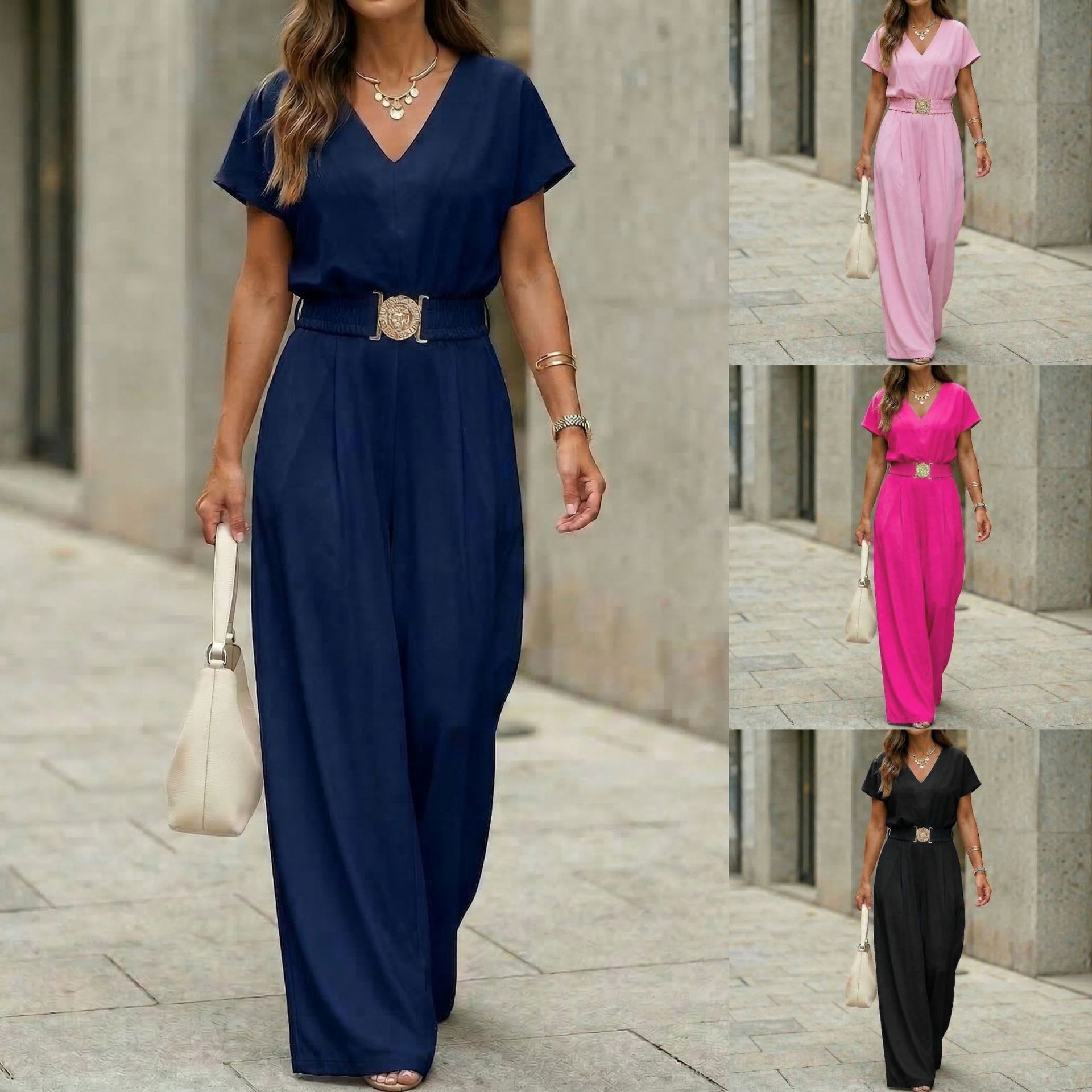 Women's V-neck belted wide-leg jumpsuit by Plush Fashion Hub, casualwear with a relaxed fit and stylish belt detail.