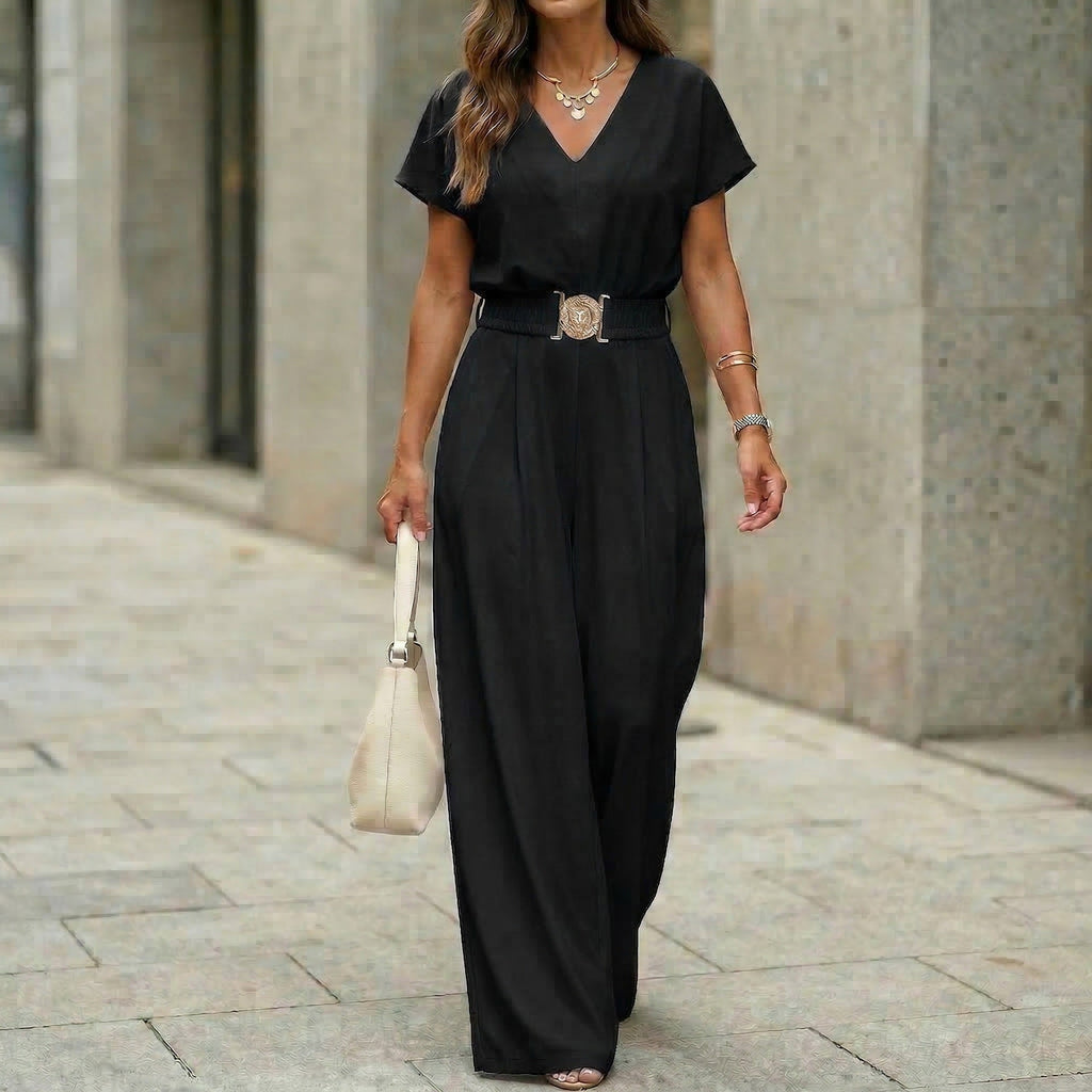 Women's V-neck belted wide-leg jumpsuit in casualwear style, featuring a relaxed fit and stylish design by Plush Fashion Hub.