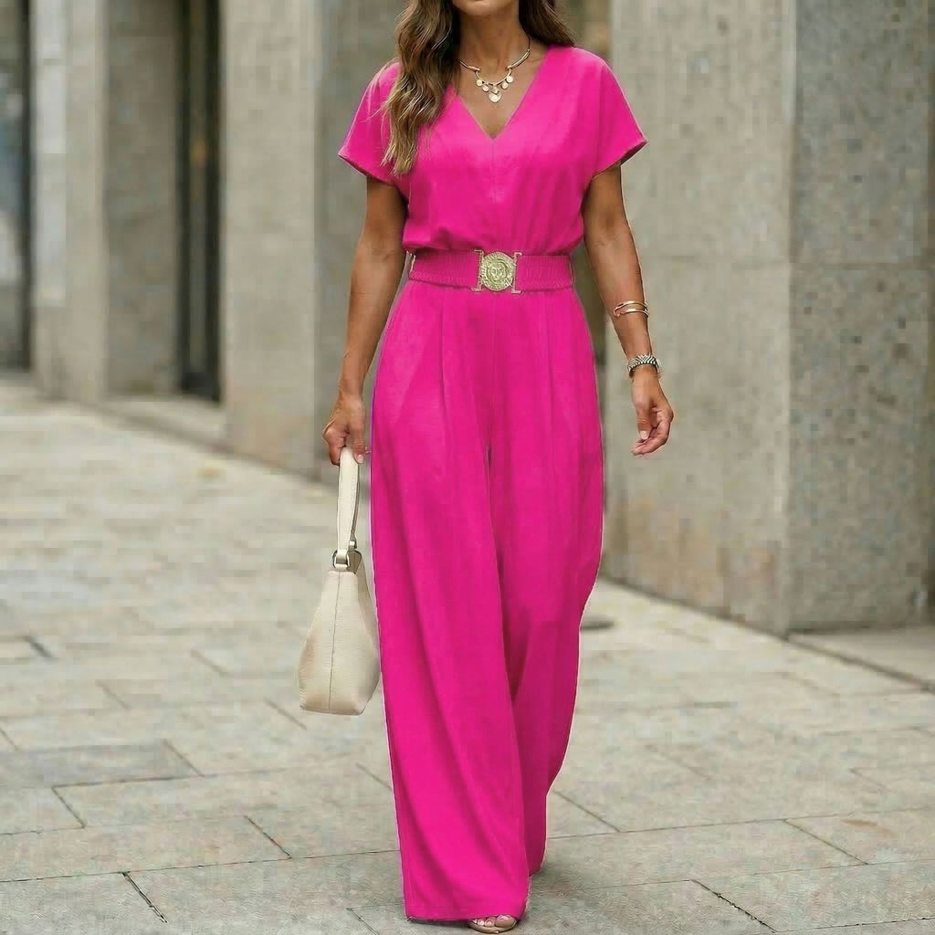 Women's V-neck belted wide-leg jumpsuit from Plush Fashion Hub, casualwear with a stylish V-neck and comfortable wide-leg design.