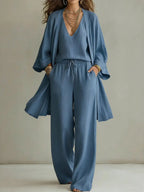 Women's casual V-neck cardigan coat, pocket vest, and long pants three-piece set by Plush Fashion Hub, stylish and comfortable.