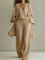 Women's casual three-piece set including V-neck cardigan coat, pocket vest, and long pants from Plush Fashion Hub.