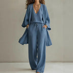 Women's casual V-neck cardigan coat, pocket vest, and long pants three-piece set by Plush Fashion Hub, displayed on a model.