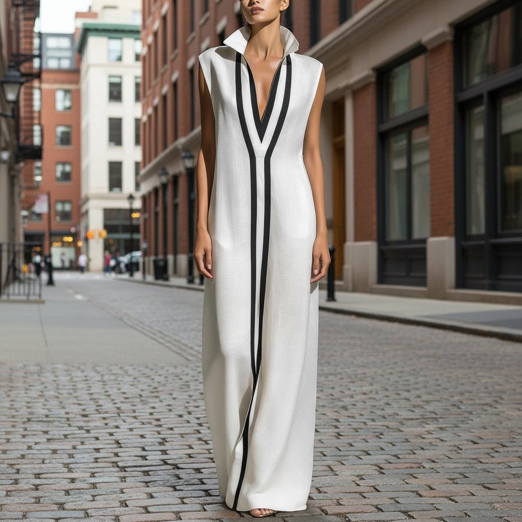 Women's V-neck color-block sleeveless A-line maxi dress by Plush Fashion Hub in four colors, available in XS to 2XL.