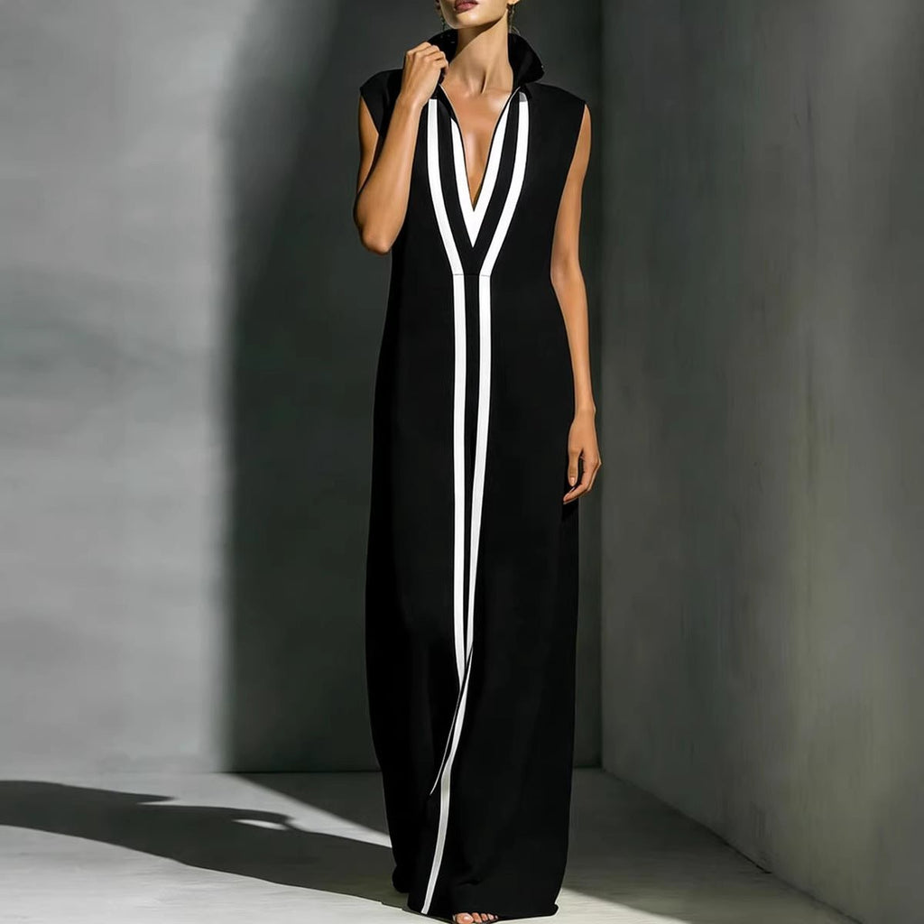 Women's V-neck color-block sleeveless A-line maxi dress by Plush Fashion Hub in four colors, available in XS to 2XL.