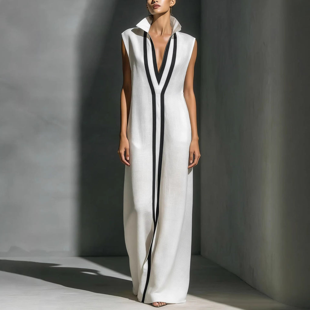 Women's V-Neck Color-Block Sleeveless A-Line Maxi Dress in four colors, available in XS to 2XL, by Plush Fashion Hub.