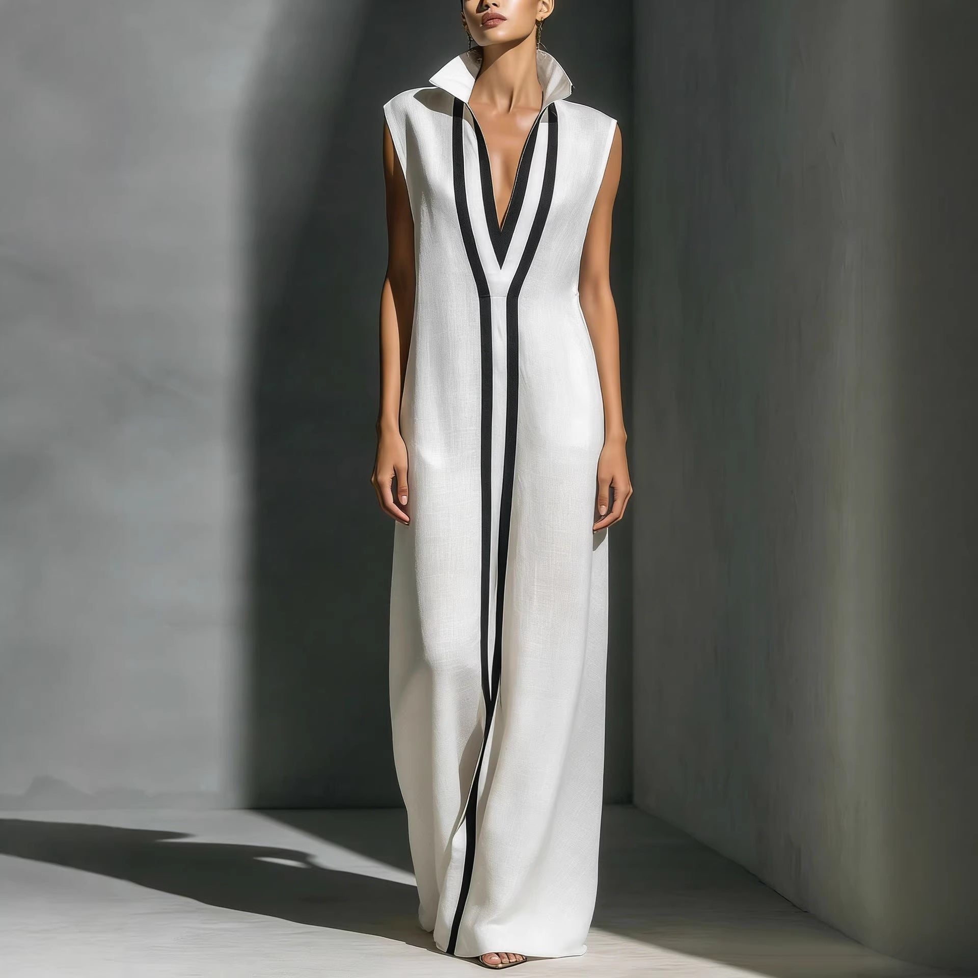 Women's V-Neck Color-Block Sleeveless A-Line Maxi Dress in four colors, available in XS to 2XL, by Plush Fashion Hub.