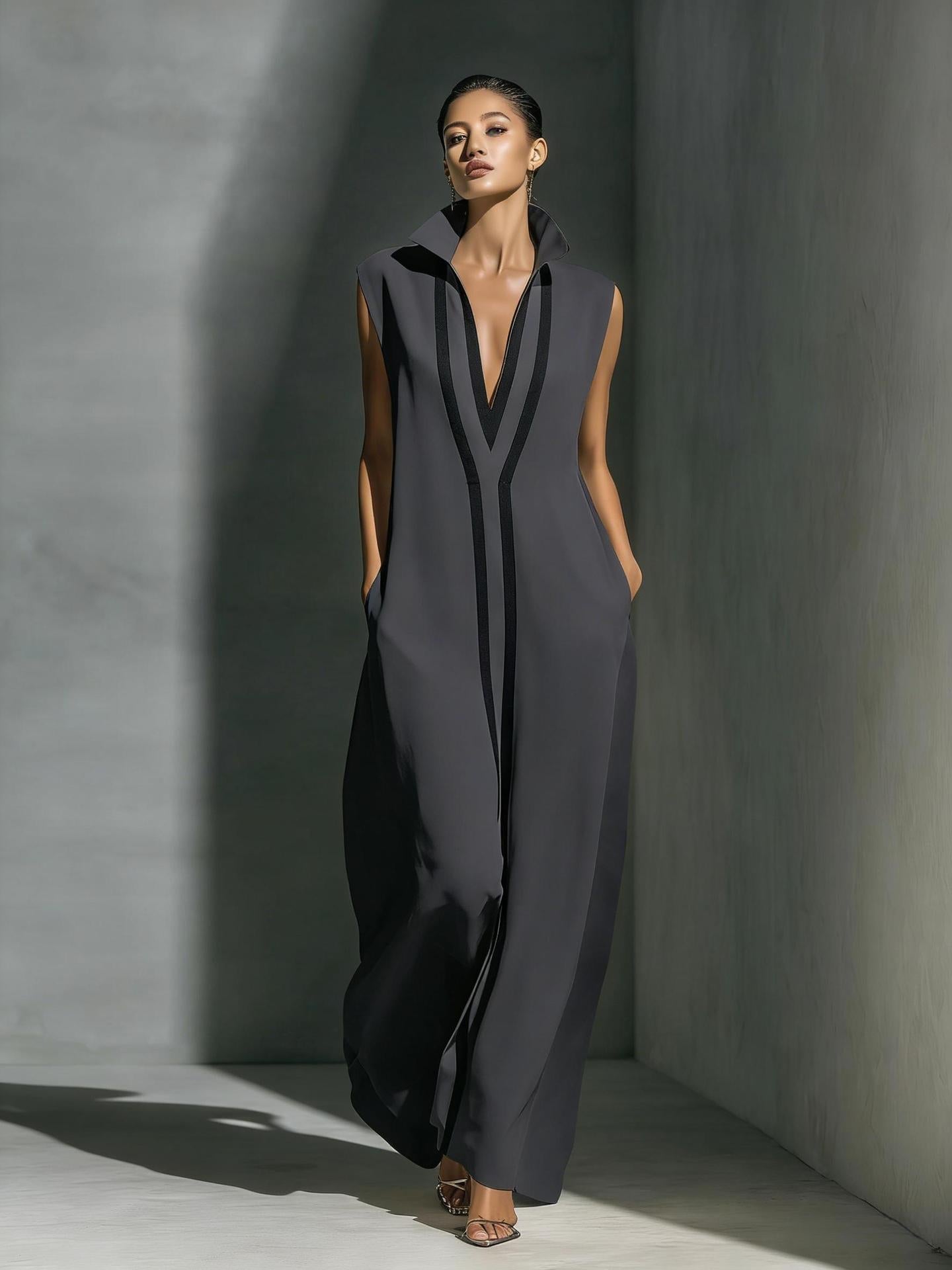 Women's sleeveless V-neck color-block A-line maxi dress in four colors, available in XS to 2XL, by Plush Fashion Hub.