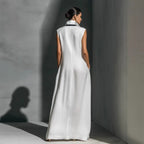 Women's V-neck color-block sleeveless A-line maxi dress by Plush Fashion Hub in four colors, available in XS to 2XL.