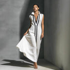 Women’s sleeveless V-neck color-block A-line maxi dress by Plush Fashion Hub in four vibrant colors, available in XS to 2XL.