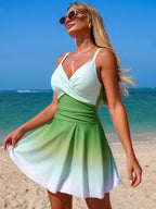 Women's V-neck gradient one-piece swimsuit by Trendsi, stylish summer beachwear with vibrant color transition and flattering fit.