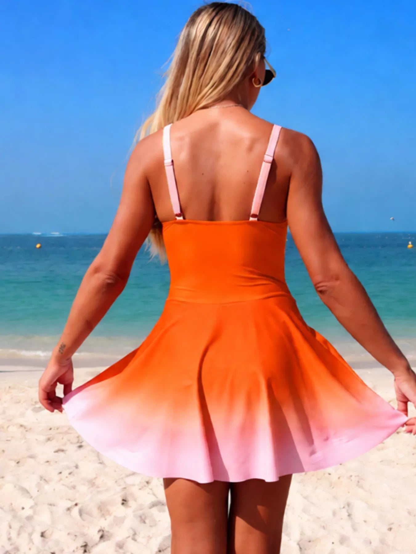 Women's V-Neck Gradient One-Piece Swimsuit by Trendsi, stylish summer beachwear with vibrant color blending and flattering fit.