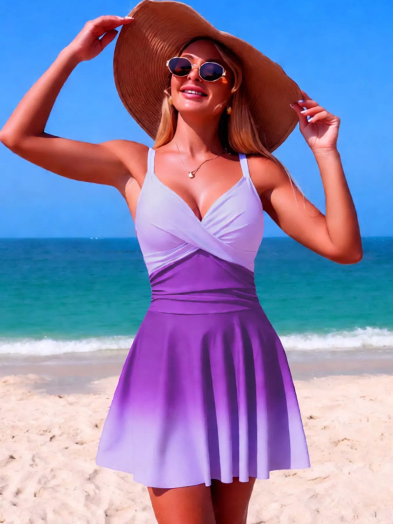 Women’s V-neck gradient one-piece swimsuit by Trendsi, stylish summer beachwear with vibrant colors and flattering fit.
