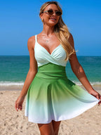 Women's V-neck gradient one-piece swimsuit by Trendsi, stylish summer beachwear with vibrant color transition and flattering fit.