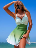 Women's V-neck gradient one-piece swimsuit by Trendsi, stylish summer beachwear with a vibrant color fade and comfortable fit.