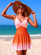 Women's V-neck gradient one-piece swimsuit by Trendsi, stylish summer beachwear with vibrant color transition and comfortable fit.