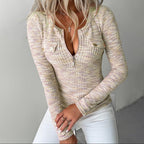 Women’s V-neck long-sleeve tunic top with half-zipper, slim fit casualwear by Plush Fashion Hub, shown in a stylish, comfortable design.