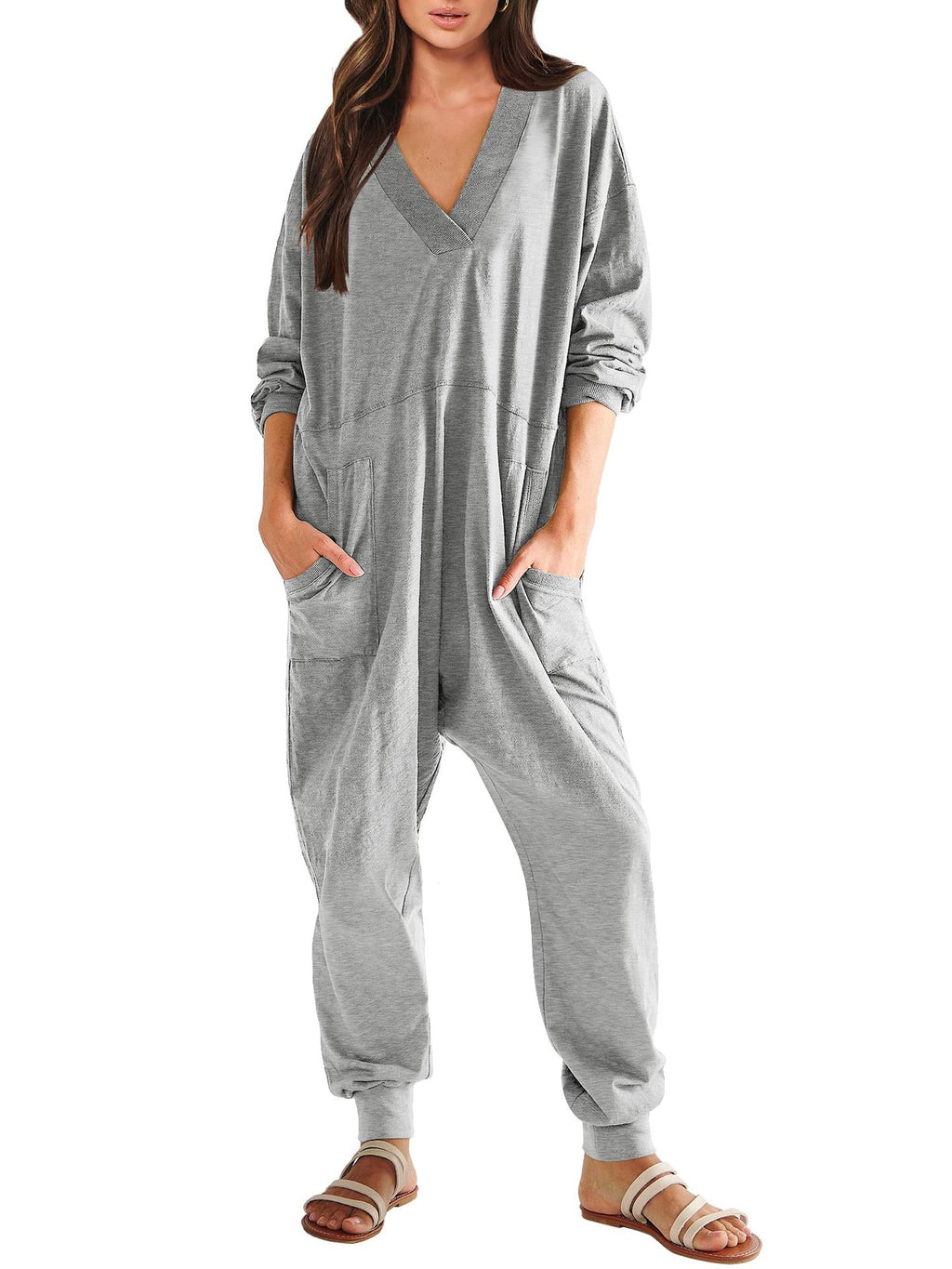 Women’s V-neck long sleeve solid color loose jumpsuit with two side pockets, casualwear by Plush Fashion Hub