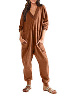 Women’s V-neck long sleeve solid color loose jumpsuit with two side pockets, casualwear by Plush Fashion Hub