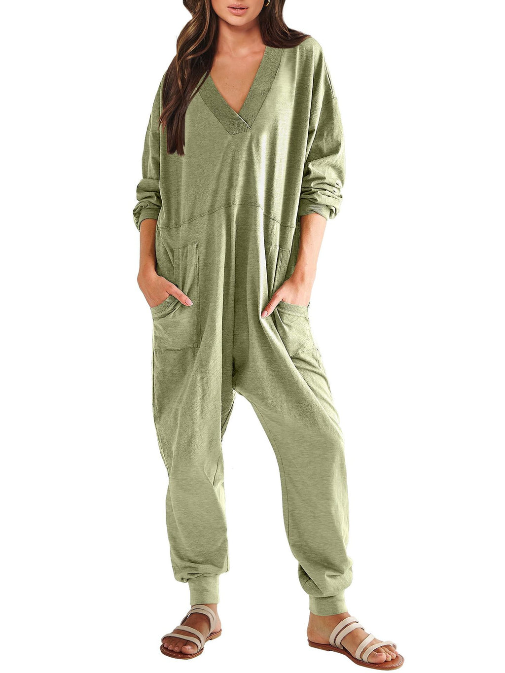 Women’s V-neck long sleeve solid color loose jumpsuit with two side pockets, casualwear by Plush Fashion Hub