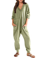Women’s V-neck long sleeve solid color loose jumpsuit with two side pockets, casualwear by Plush Fashion Hub