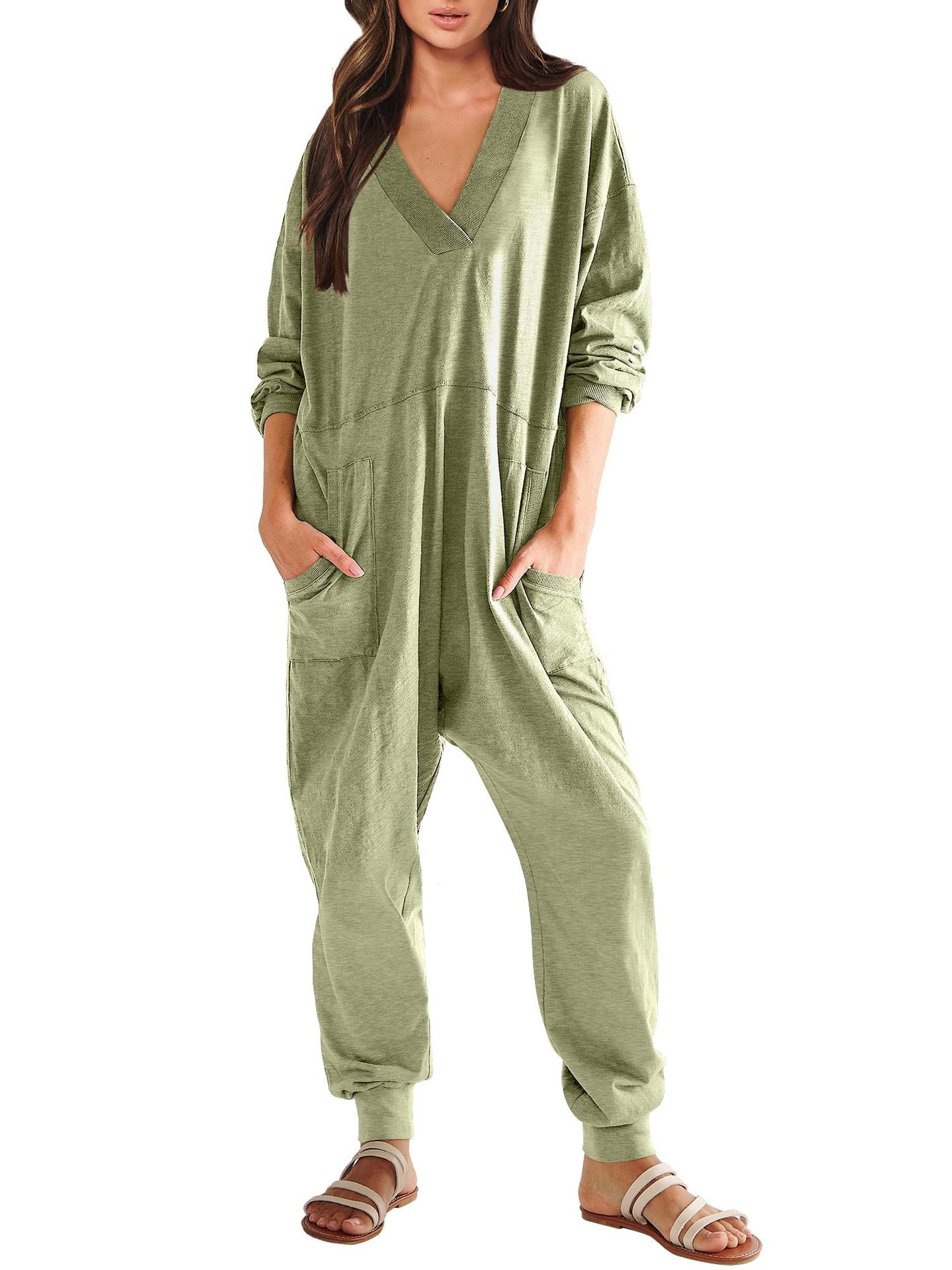 Women’s V-neck long sleeve solid color loose jumpsuit with two side pockets, casualwear by Plush Fashion Hub