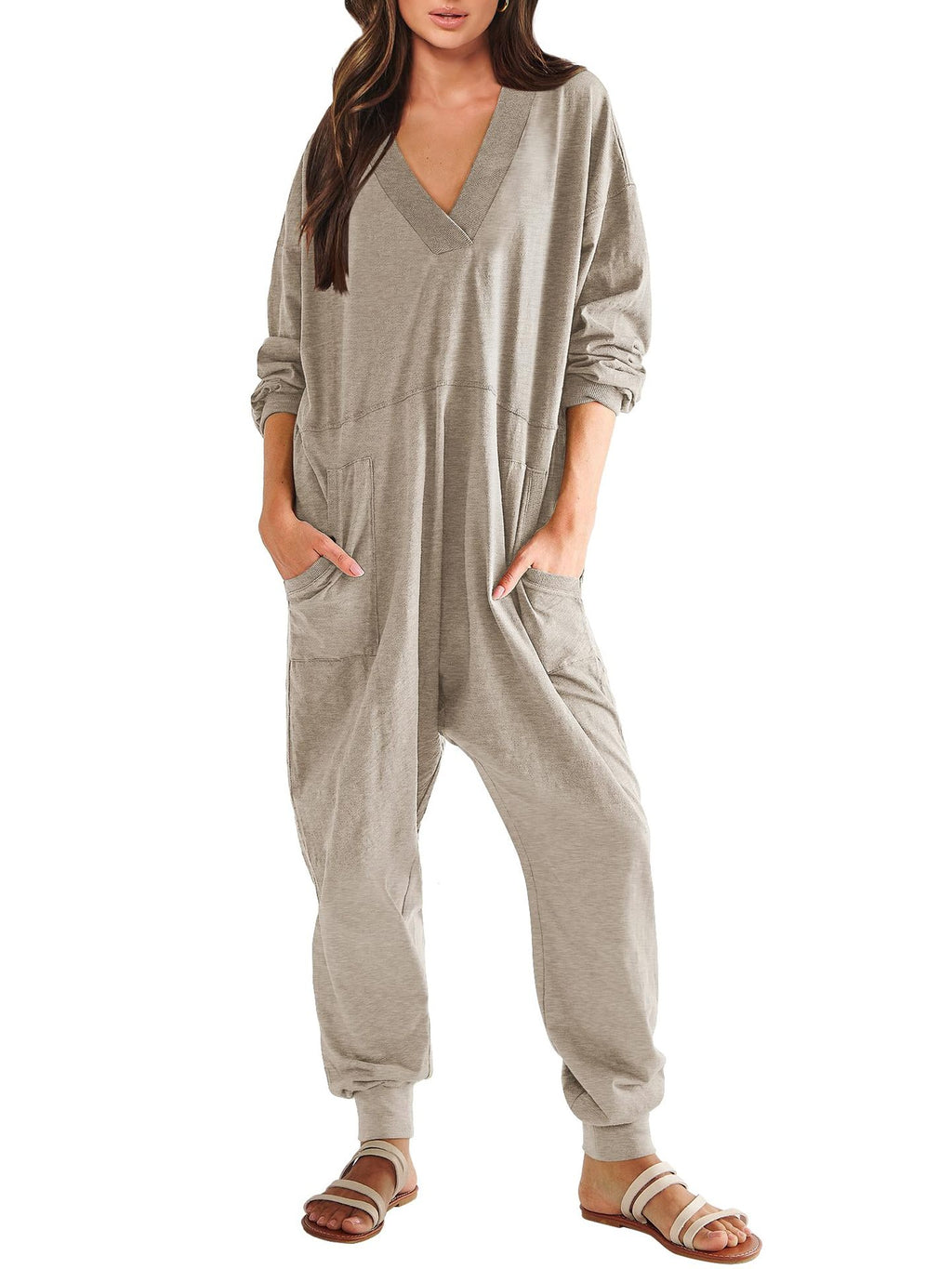 Women’s V-neck long sleeve solid color loose jumpsuit with two side pockets, casualwear by Plush Fashion Hub.