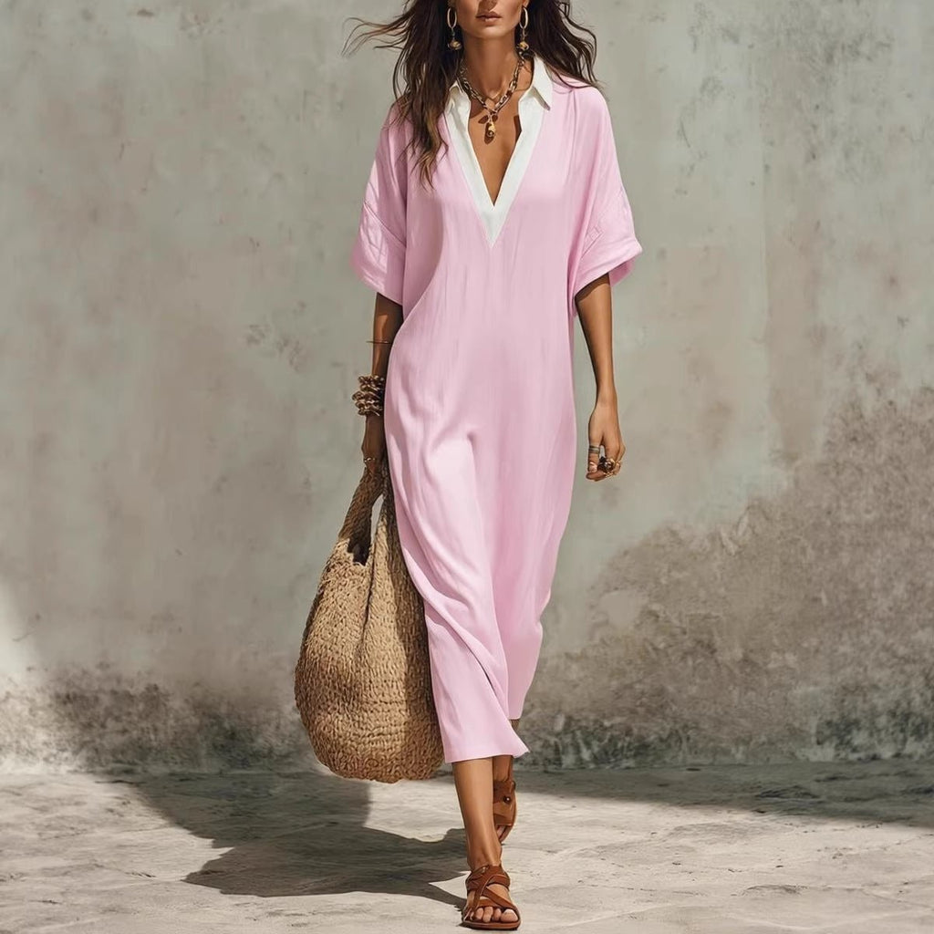 Women's V-neck linen midi dress with loose fit, cropped sleeves, and pockets, perfect casualwear from Plush Fashion Hub.