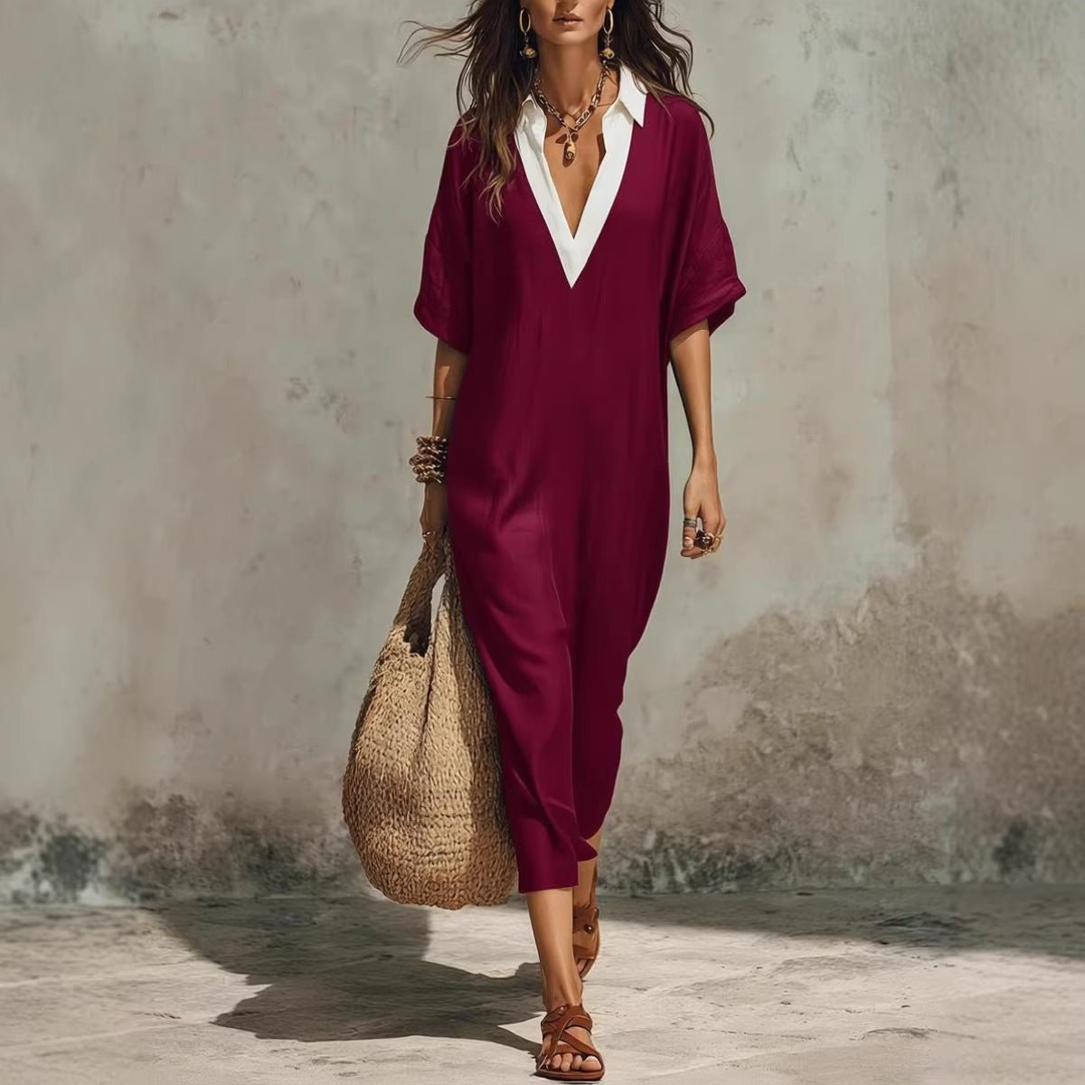 Women's linen midi dress with V-neck, cropped sleeves, loose fit, and pockets, by Plush Fashion Hub, perfect for casual wear.
