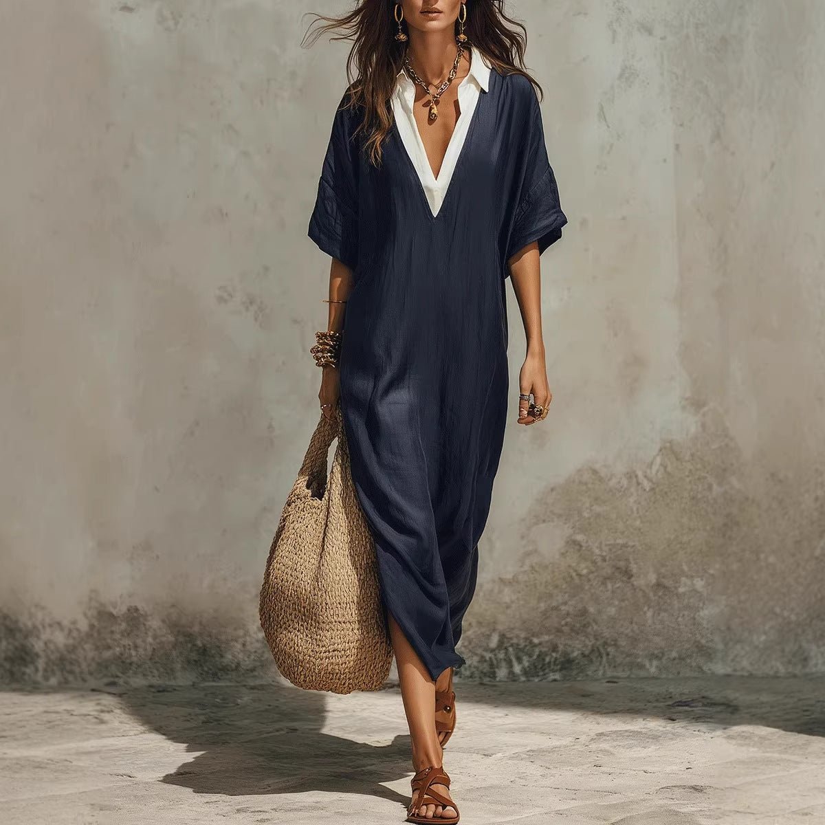 Women’s V-neck loose linen midi dress with cropped sleeves and pockets, casualwear by Plush Fashion Hub.